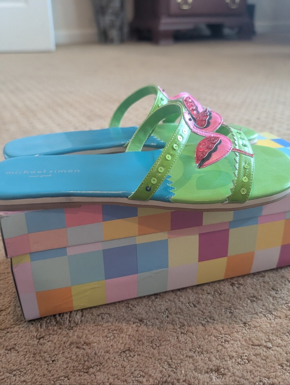 Michael Simon Size 8 Flamingo Sandals Green Pink Blue - Picture 8 of 8